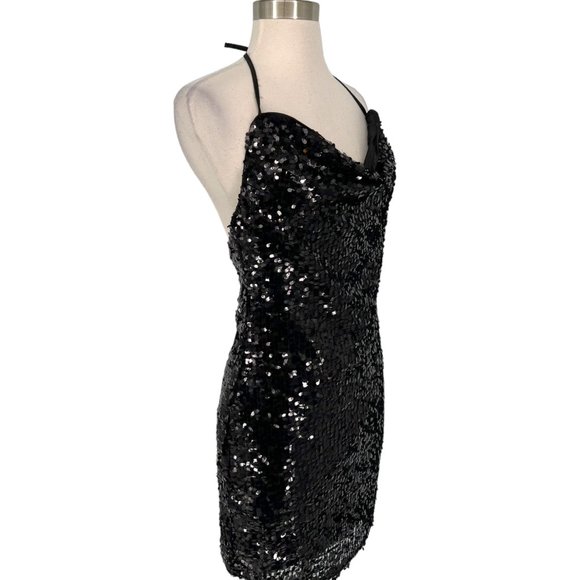 Alythea Champagne Poppin Sequin Cowl Neck Mini Dress Black Size Small NWT - Picture 6 of 11